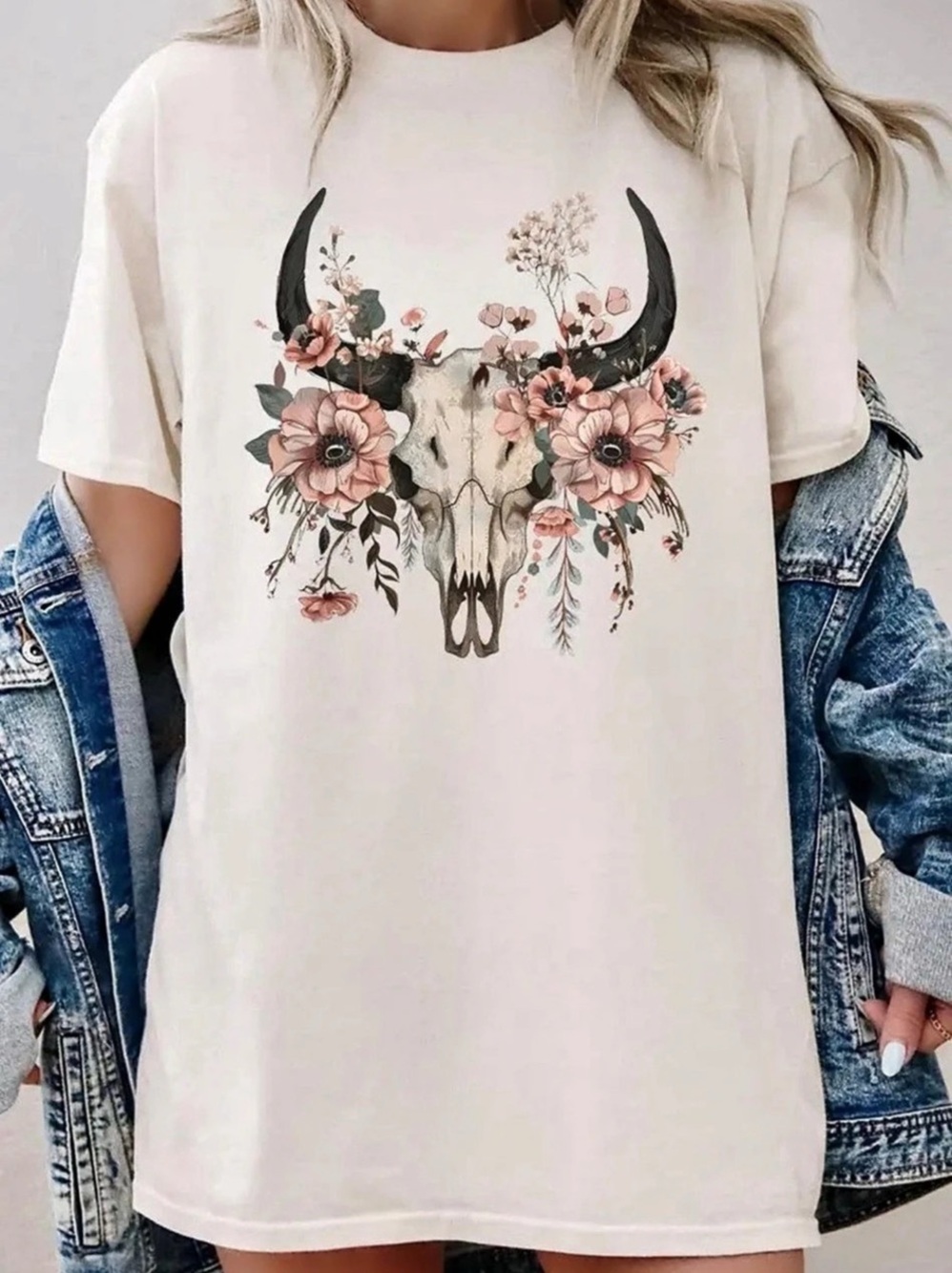 COLORBEAR Cream Floral Bull Skull Western Graphic Tee